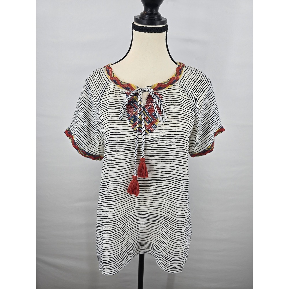 THML Womens Small Embroidered Tassel Tie Neck Striped Short Sleeve Blouse Top